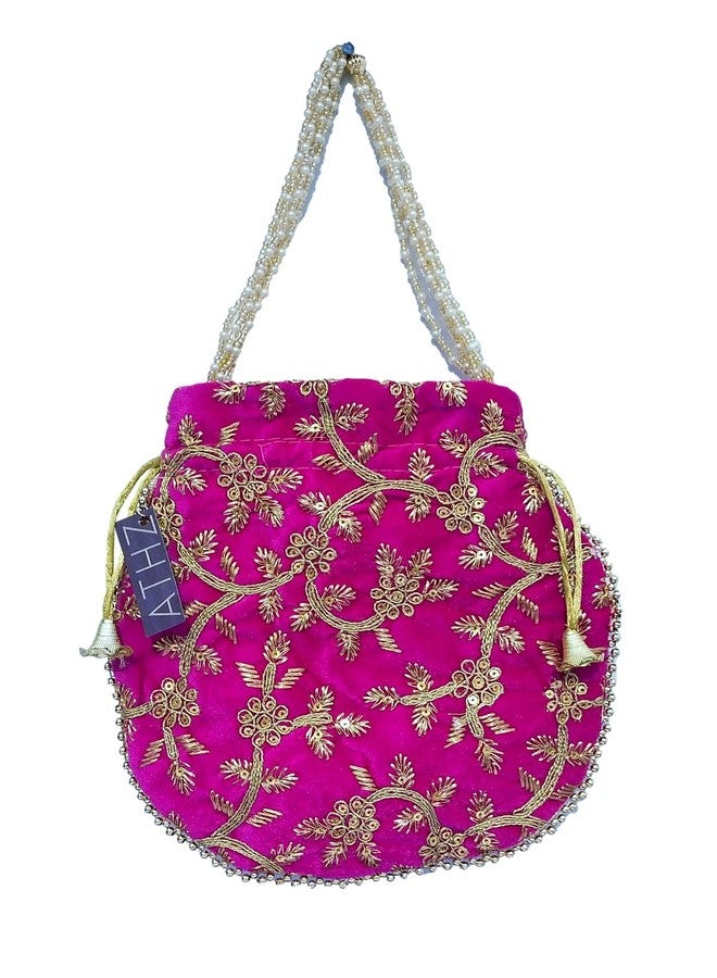 ATHZ Potli Bag Velvet Golden work wedding potli for ladies Gift for women handbags traditional Indian Wristlet with Drawstring Ethnic Embroidery Women Fashion Potli (Gold,Pink) - Image 5